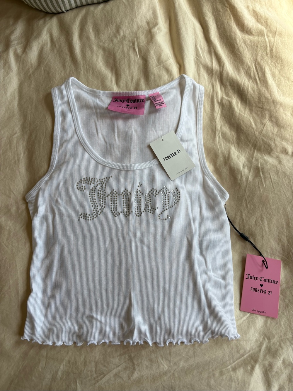 Juicy Couture White Ribbed Tank with Rhinestone 'Juicy' Logo